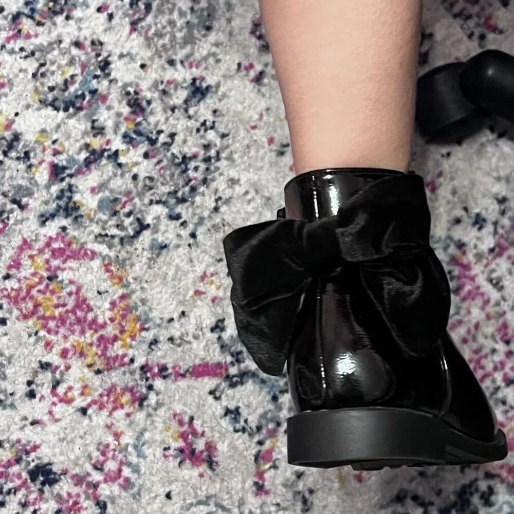 🆕Girls Black Faux Leather Ankle Kids Bow Chunky Low Heel Side Zipper Dress Boot